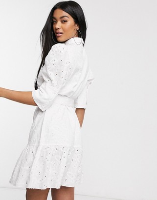 NA-KD broderie anglais puff-sleeve mini dress in white