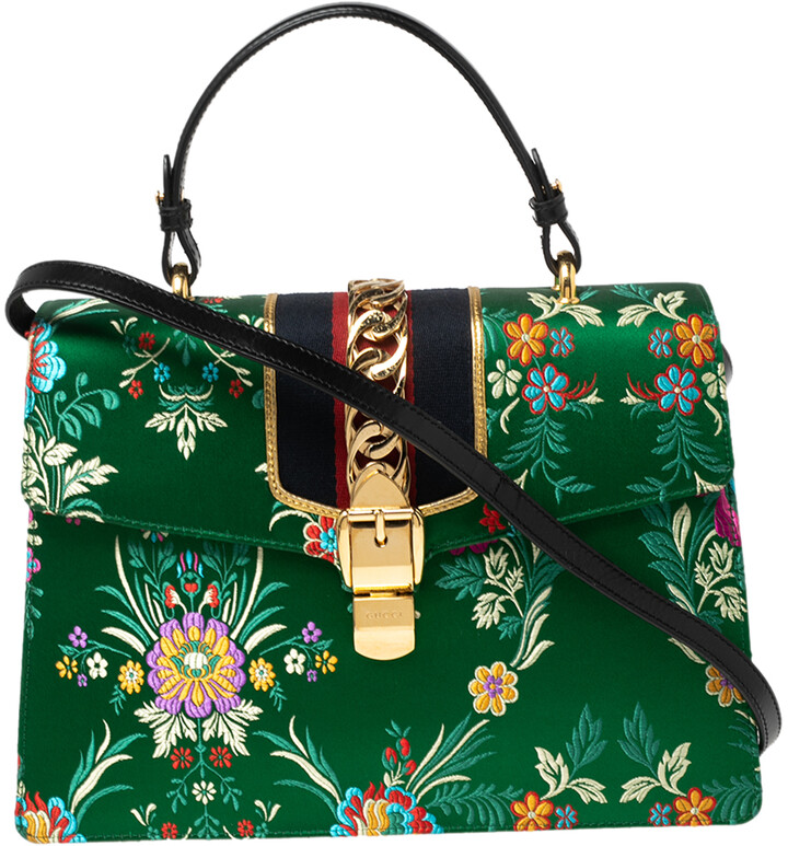 Gucci Green Floral Embroidered Jacquard Medium Sylvie Top Handle Bag ...