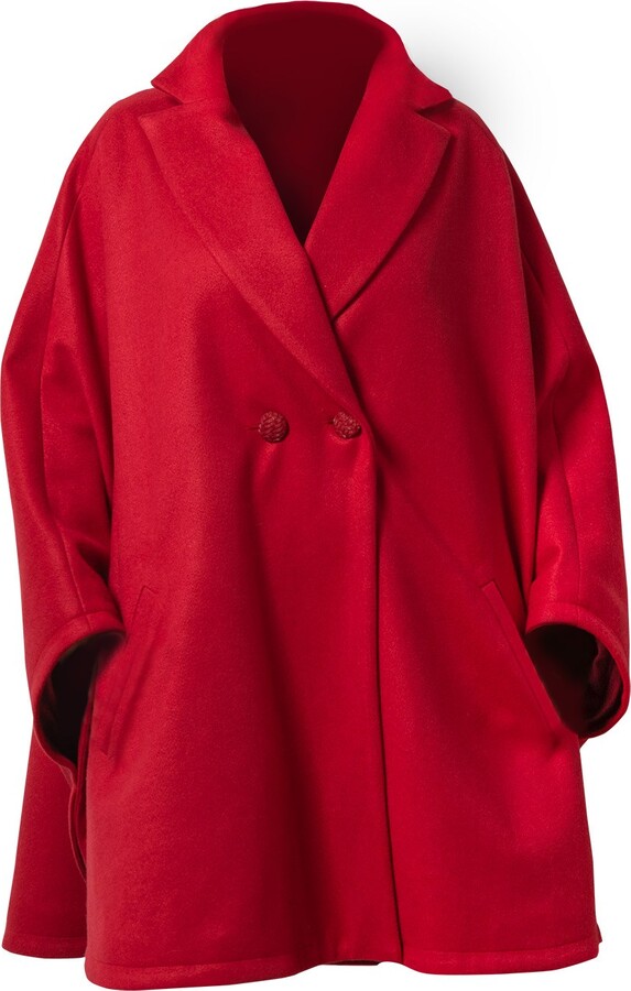 Nikka Place Red Winter Wool Cape Coat With Buttons In Raspberry Color