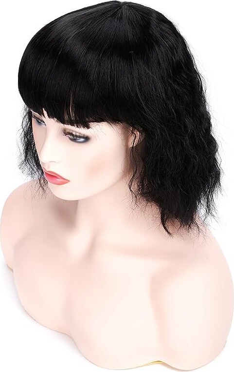 morvally Short Wavy Black Bob Wig with Bangs Natural Heat Resistant Synthetic Hair Cosplay Costume Party Wigs