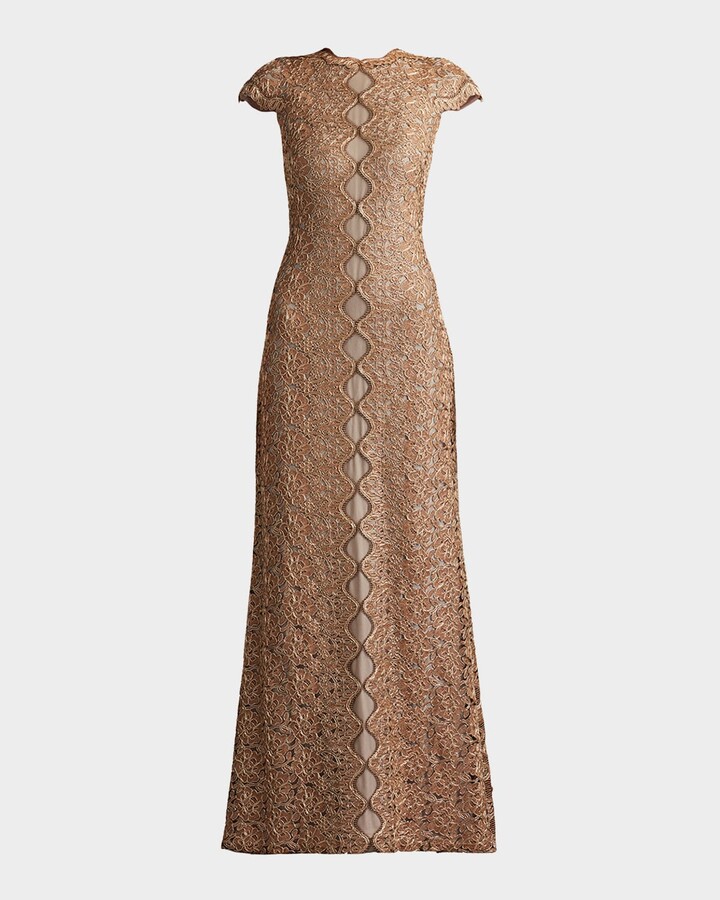 Cap-Sleeve A-Line Floral Lace Gown
