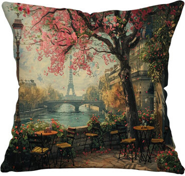 VisionDecor Paris Cafe Travel Cotton Blend Reversible Throw Pillow