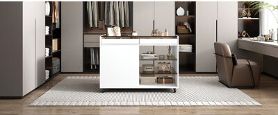 43.3" Multi-Functional Storage Island Movable Storage Cabinet Island Vanity Dresser With 3 Side Storage Drawer, A Reversible Top Storage Space And Two
