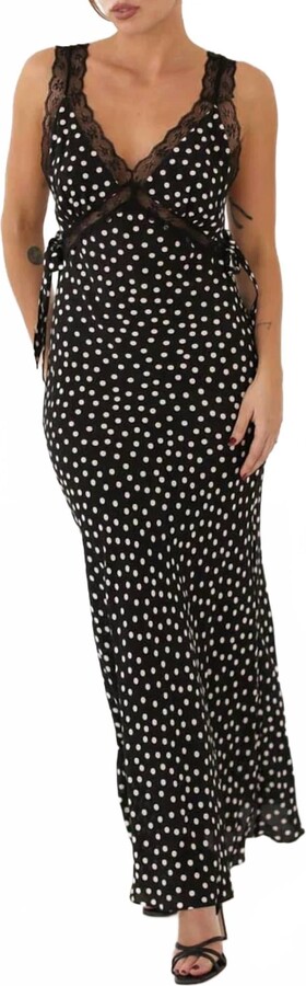 Rumored Dolly Ditsy Dot Lace Trim Midi Dress In Black/ivory