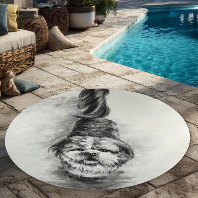 Begin Edition International Inc. Happy Dog Sketch - Black Animals Round Outdoor Area Rug