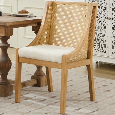 Ophelia & Co. Rattan Dining Chairs, Solid Wood Frame With Decorative Armrests, Linen Upholstered Seat, Rustic Wooden Style Side Chairs For Kitchen, Dining Room, Liv