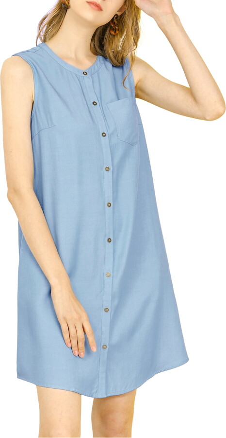 Unique Bargains Women’s Denim Button Up Sleeveless Chambray Dress with Pocket