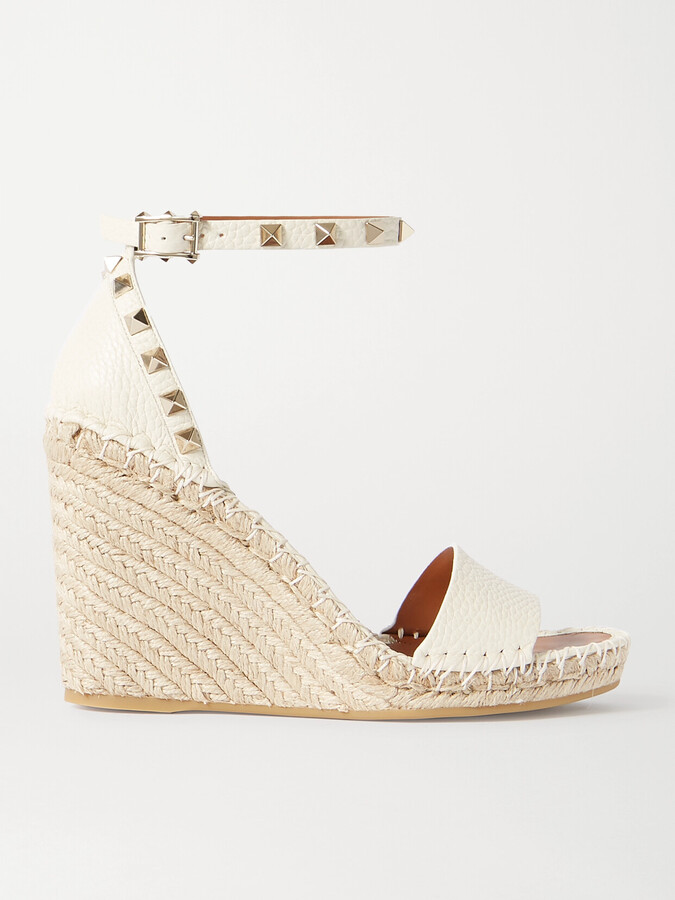 Valentino Garavani - Rockstud 105 Textured-leather Espadrille Wedge Sandals - Off-white