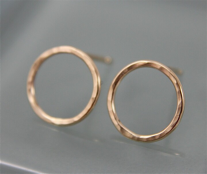 Etsy Gold Circle Studs 14K Solid Tiny Hammered Hoop Earrings Eco Friendly Recycled Yellow Rose