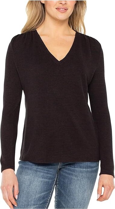 Liverpool Los Angeles Long Sleeve V-Neck Knit Top W/ Shirring Women's Clothing Java Melange : MD, Polyester/Rayon/Spandex