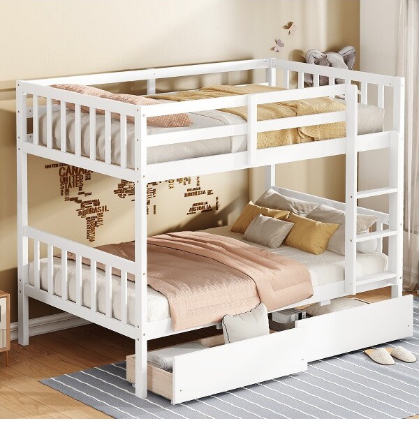 ModernLuxe TwinOverTwinBunkBedwith2DrawersConvertibleinto2TwinBedsRubberWoodBedFramewithLadderandSafetyGuardrailsWhite