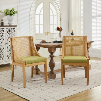 Red Barrel Studio Rattan Dining Chairs, Solid Wood Frame With Decorative Armrests, Linen Upholstered Seat, Rustic Wooden Side Chairs For Kitchen, Dining Room, Living Ro