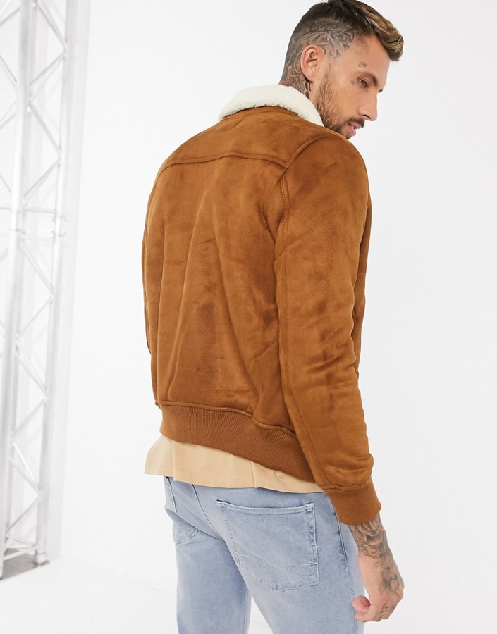 Bershka suede bomber jacket with sherpa collar in tan - ShopStyle