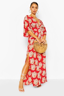 boohoo Paisley Kimono Sleeve Plunge Split Maxi Dress