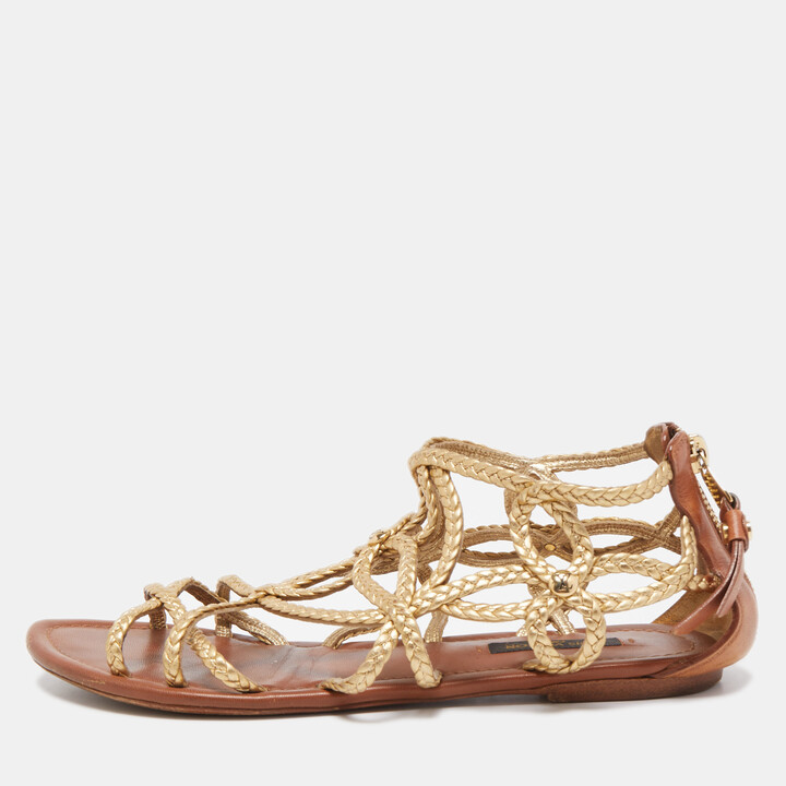Louis Vuitton Gold Braided Leather Strappy Flat Sandals Size 37 - ShopStyle