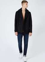 Thumbnail for your product : Topman Black Wool Rich Faux Shearling Collar Peacoat
