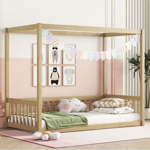 KumasinovaTwinSizeCanopyFloorBedwithFenceMontessoriBedforGirls&BoysNaturalPineWoodKidsFloorBedFormaldehyde-Free200lbsMaxNatural