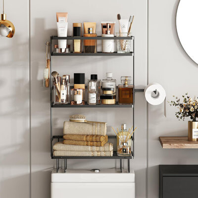 Latitude Run Bathroom Organizers And Storage 3-Tier Over The Toilet Storage Wall Shelf With Paper Holder And 2 Hooks No Drilling Cool Decor And Home Decor Gift