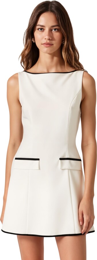 Modenaire Women's Sleeveless A-Line Contrast Trim Faux Pocket Mini Dress - White/black