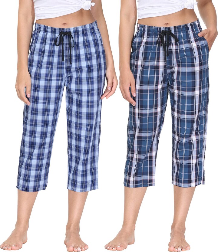 JINSHI Women 2-Pack Lounge Capri Pants Cotton Plaid Pajama Bottoms Pyjama  Pants Cropped Trousers Size L - ShopStyle