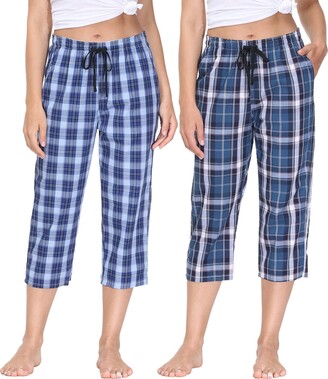 JINSHI Women's 2-Pack Pyjama Capri Pants Bottoms Cotton Check Woven Cropped  Trousers Lounge Pants Ladies Size L - ShopStyle