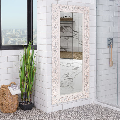 Keyser 24X60 Inch Carved Mirror Frame – Distress White Finish – Full-Length Wall Mirror For Bedroom, Bathroom, And Living Room Décor