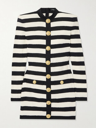 BALMAIN★素敵！Frayed Sequin Striped Pique Mini Dress BALMAIN Frayed sequin-embellished striped piqué mini dress