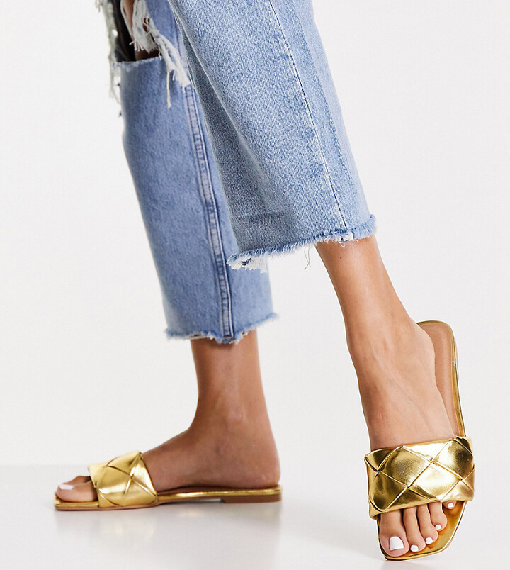 ASOS DESIGN Wide Fit Forty woven flat sandals in gold - ShopStyle