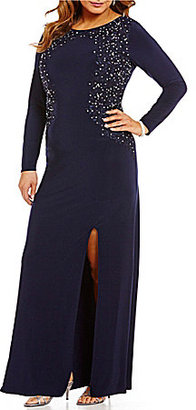 Alex Evenings Plus Embroidered Lace-Bodice Long Sleeve Front Slit Gown