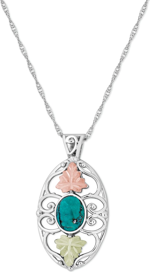 Black Hills Gold Turquoise Pendant 18" Necklace in Sterling Silver with 12K Rose and Green Gold