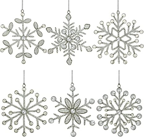 Ajuny Set of 6 Handmade Snowflake Iron Glass and Plastic Beads Pendant Christmas Tree Deorative Ornaments 6 Inches