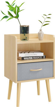 Nightstand With Collapsible Fabric Drawer, 2-Tier Storage End Table, Wood Side Table With Storage Cabinet