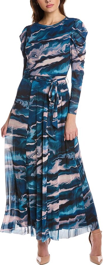 Anne Klein Plus Size Printed Tiered Tie Neck Maxi Dress in Blue