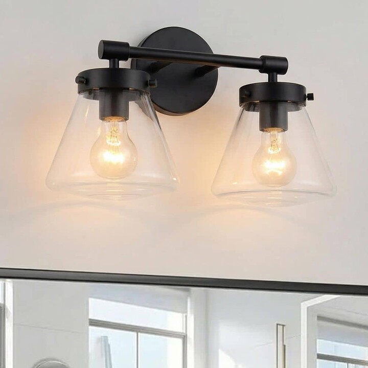 Parrot Uncle Gleam 15.25 in. 2-Light Matte Black Vanity Light with Clear Glass Shades