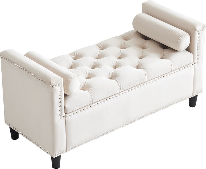 Miniyam 44.5" Storage Bench with Velvet Upholstery, Armrests, Nailhead Trim for Bedroom, Entryway, White