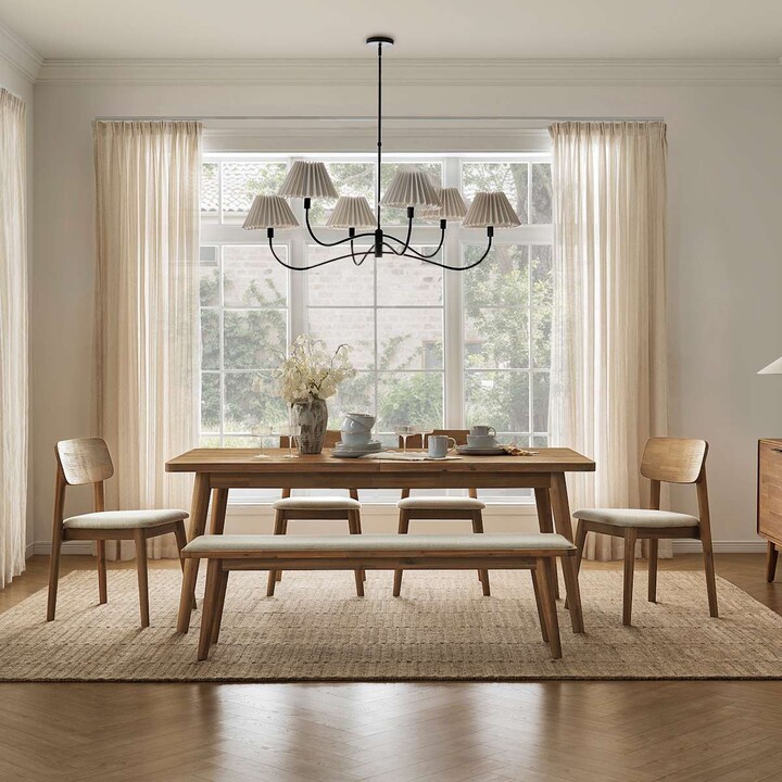 Castlery Seb Extended Wooden Dining Table Set with 2 Fabric Chairs and Extended Bench - Brown