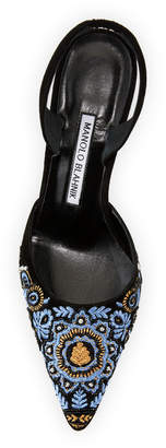 Manolo Blahnik Carolyne Embroidered Suede Mid-Heel Slingback Pump