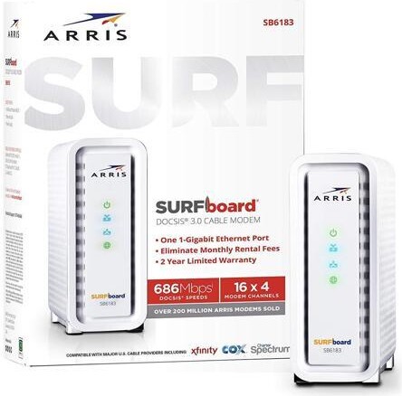 ARRIS Surfboard (16x4) DOCSIS 3.0 Cable Modem, 686 Mbps Max Speed, Certified for Comcast Xfinity, Spectrum, Cox, Cablevision & More (SB6183 White)