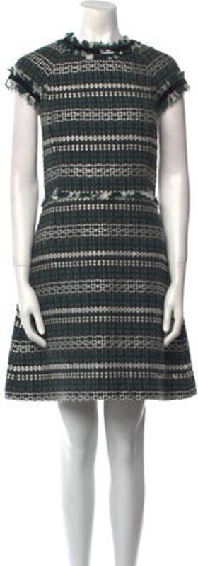 Tory Burch Shift Dress Green Printed Fringe & Sequin Accents Short Sleeve with Mock Neck Concealed Zip Closure at Back Designer