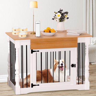 Red Barrel Studio Roman Column Style Dog Crate Furniture - 39.3" White Solid Wood Kennel with Multi-Functional Tabletop