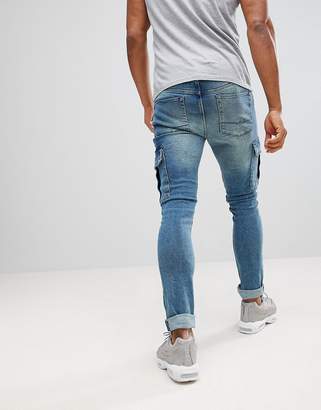 ASOS DESIGN Super Skinny Jeans In Mid Wash With Cargo Pockets