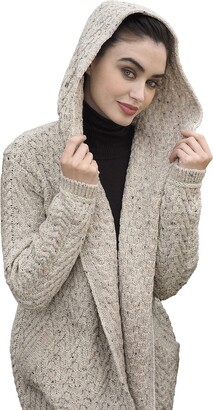 Aran Crafts Women's Cable Knit Wool Herringbone Shawl Hood Coat (HD4872-XL-PUR)