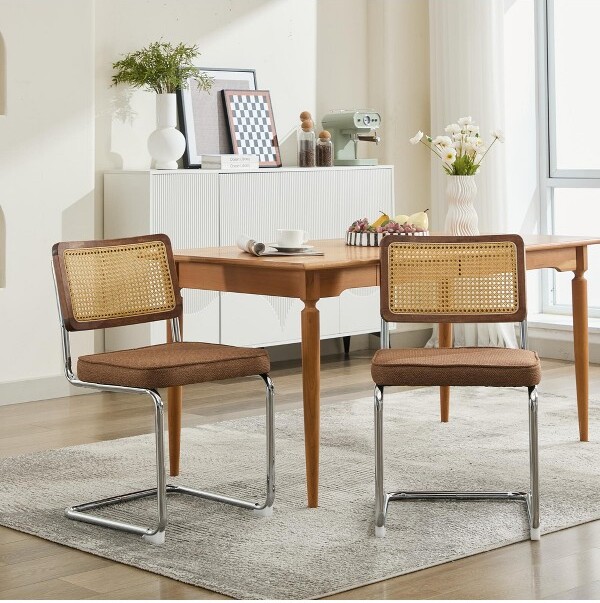ORRDMidCenturyModernDiningChairs(Setof2)–LinenNaturalCaneBackChromeBaseBreuerDesignCoffeeColor