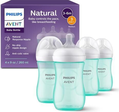 Avent Naturally Philips Natural Baby Bottle With Natural Response Nipple, Teal, 9oz, 4pk, SCY903/44