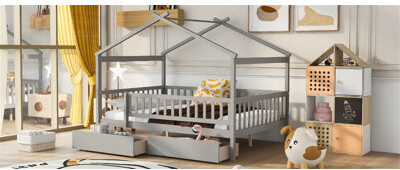 Harper Orchard Unique Wooden House-Shaped Daybed with Two Drawers for Kids' Dreamland, Perfect for Storage and Playful Design