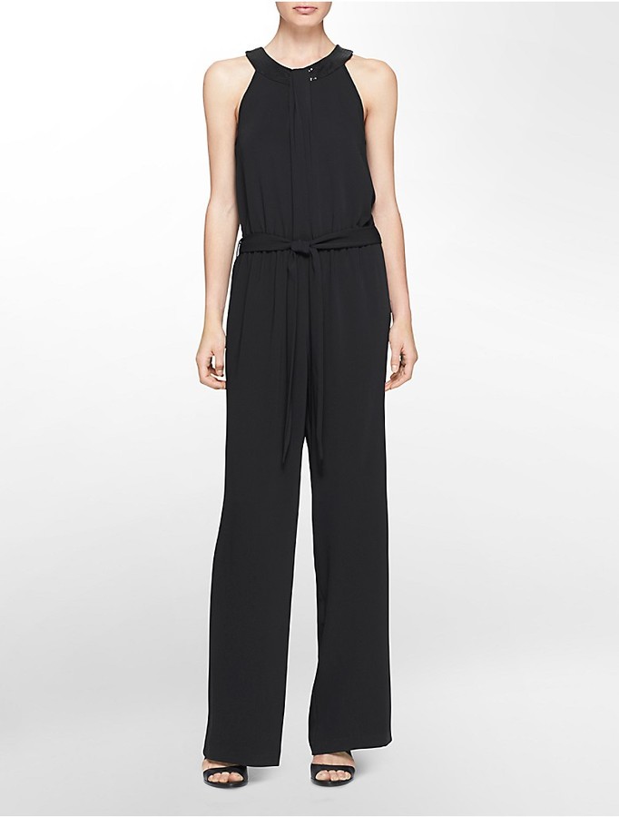 Calvin Klein Sequin Detail Halter Jumpsuit - ShopStyle Pants