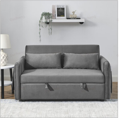 55inch Modern Convertible Sofa Bed with 2 Detachable Arm Pockets, Velvet Loveseat Sofa with Pull Out Bed, 2 Pillows and Living Room Adjustable Backres