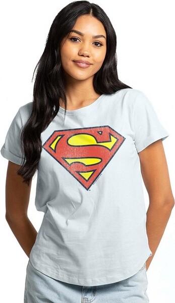 Superman Women'sSupermanRetroSupesLogoDistressedRolledSleeveFashionT-Shirt,SkyBlue,XLarge