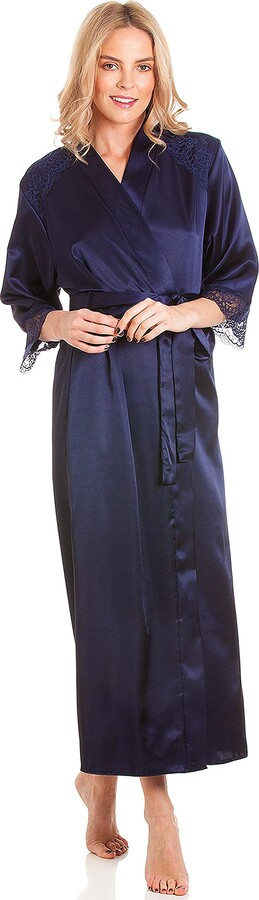 Ladies Navy Satin Bathrobe Wrap Kimono Dressing Gown Robe Housecoat Cover up 