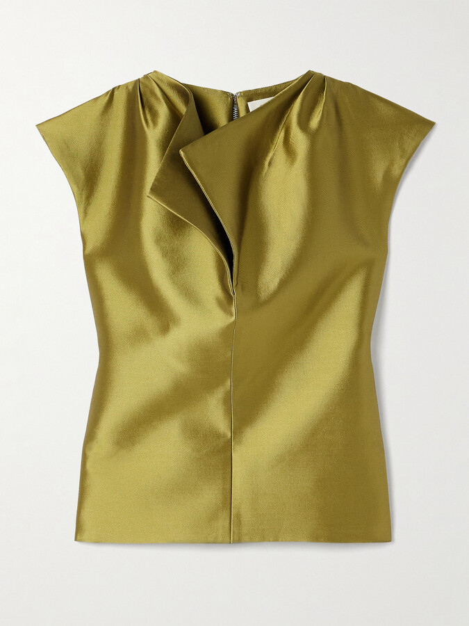 Christopher John Rogers Peel Draped Silk And Wool-blend Satin Top - Green